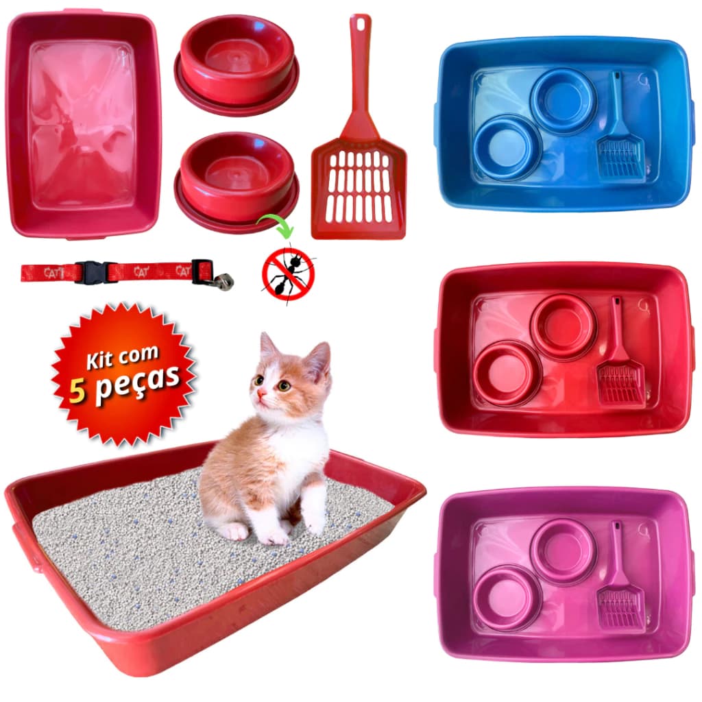 Kit Caixa De Areia Com Pá, Comedor, Bebedor e Coleira Para Gatos
